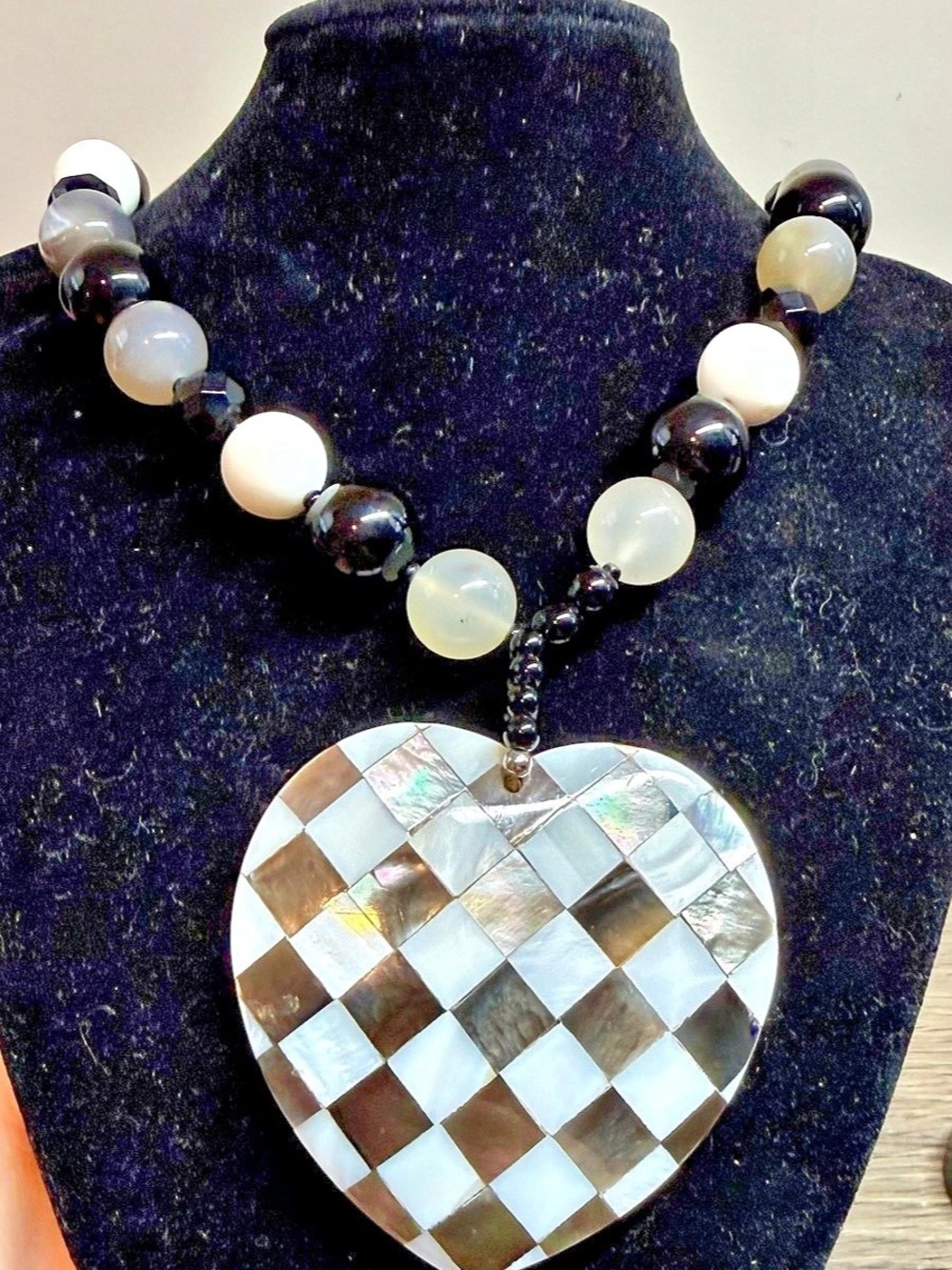 Vintage Lee Sands Checkered Heart Pendant Beaded Necklace in Black & White